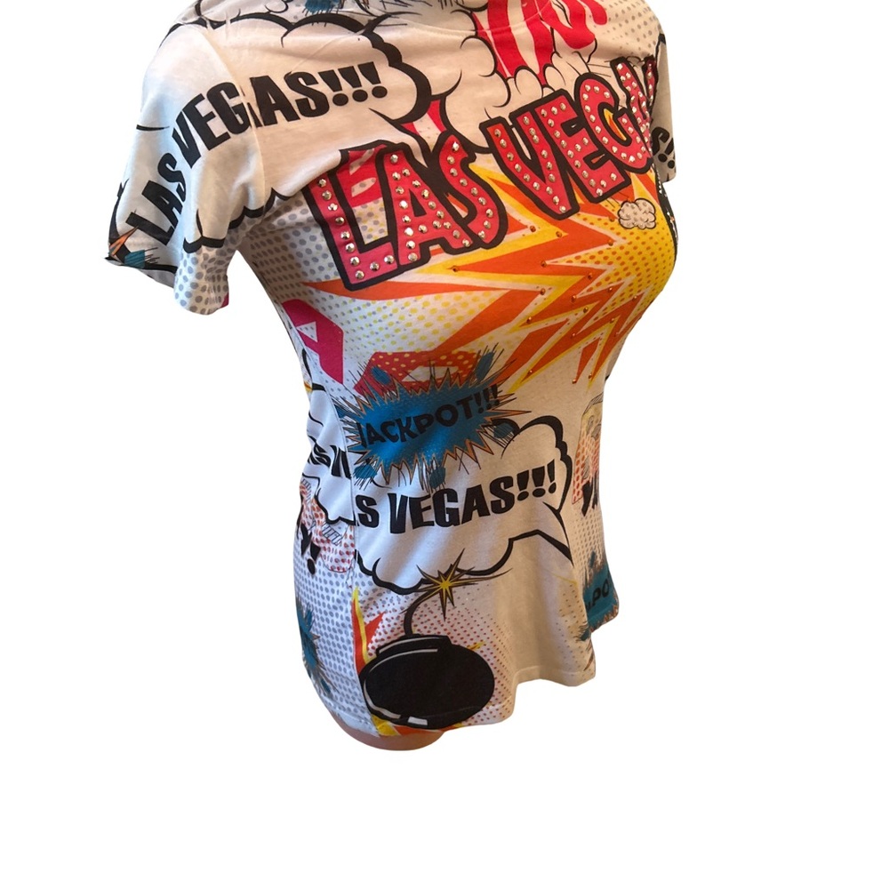 Comic Pop Art Graffiti Short Sleeve Women's Tee Bling Las Vegas Size Small